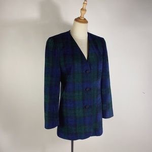 VINTAGE 90s Black Watch Plaid Wool Blend Womens Blazer SIze Petite 8